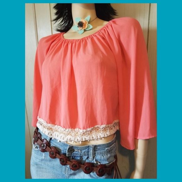 Boho Babe Vintage Retro Coral Chiffon Bell Sleeve Crochet Crop Top - Picture 1 of 8